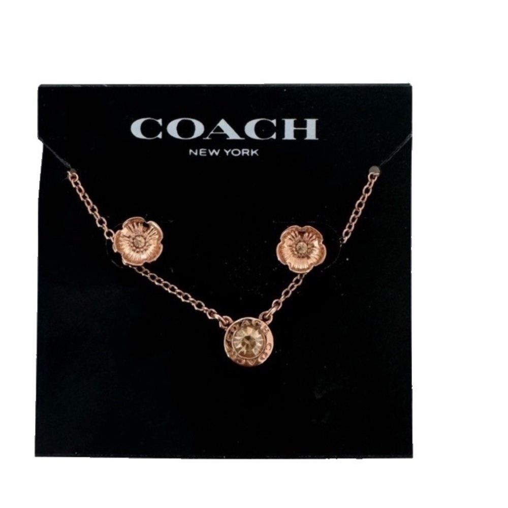 Coach Jewelry Flower Earrings & Necklace Gift Set Tea Rose Gold Tone Stud NEW